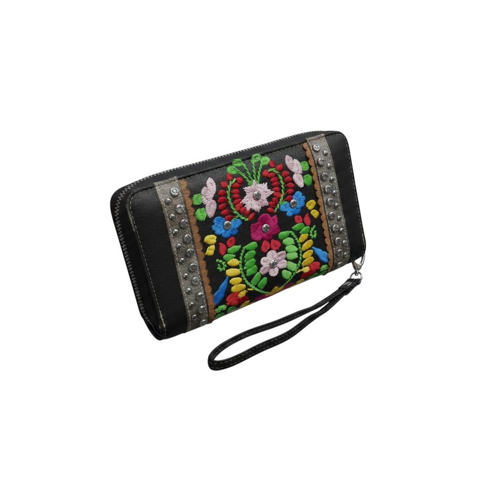 Montana West Wristlet Wallet Womens OS Black Excellent Floral Embroidered Studs